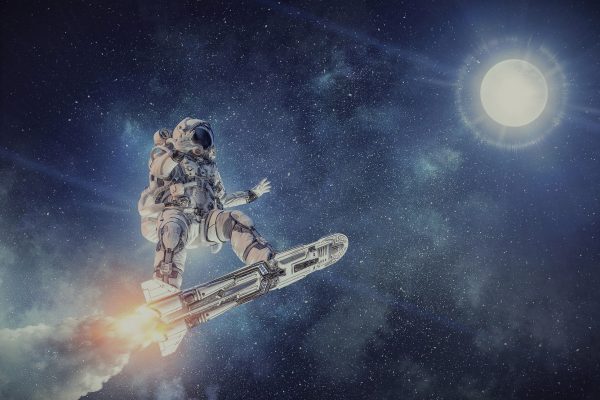 Astronaut surfing dark sky. Mixed media